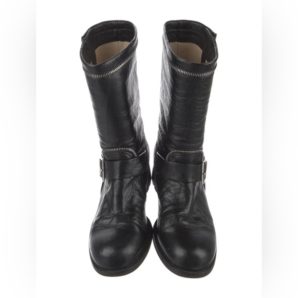 Jimmy Choo Dakar Moto Zipper Boot Size EU 38 US 8 Black Buckle Biker Leather - Picture 2 of 7
